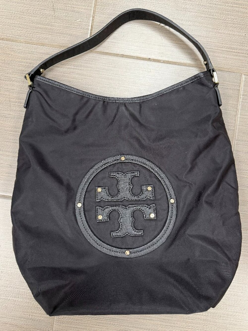 Tory Burch Stacked Logo Hobo Black Nylon Shoulder Bag